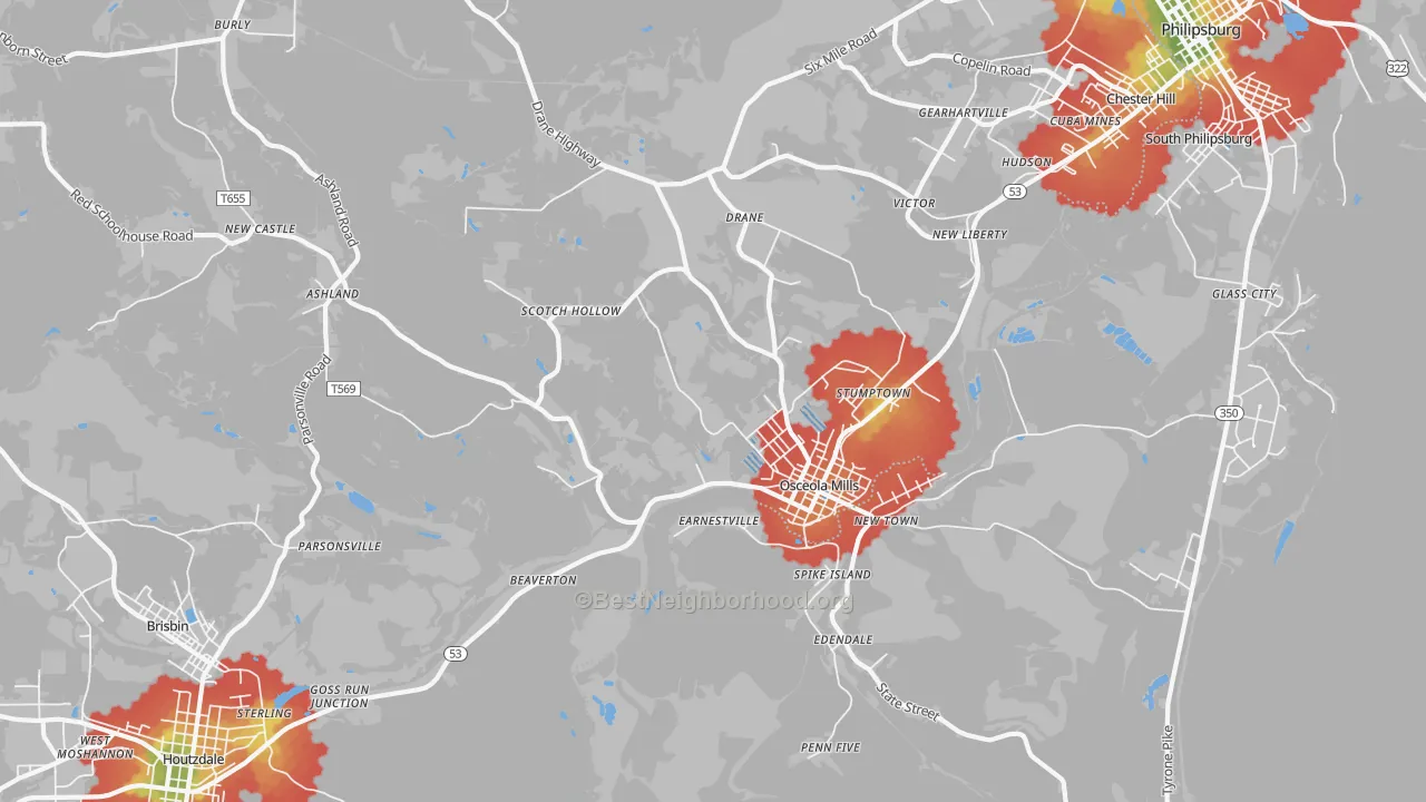Walk Grade map of 16666, PA, walkable areas in green and car-dependent areas in red