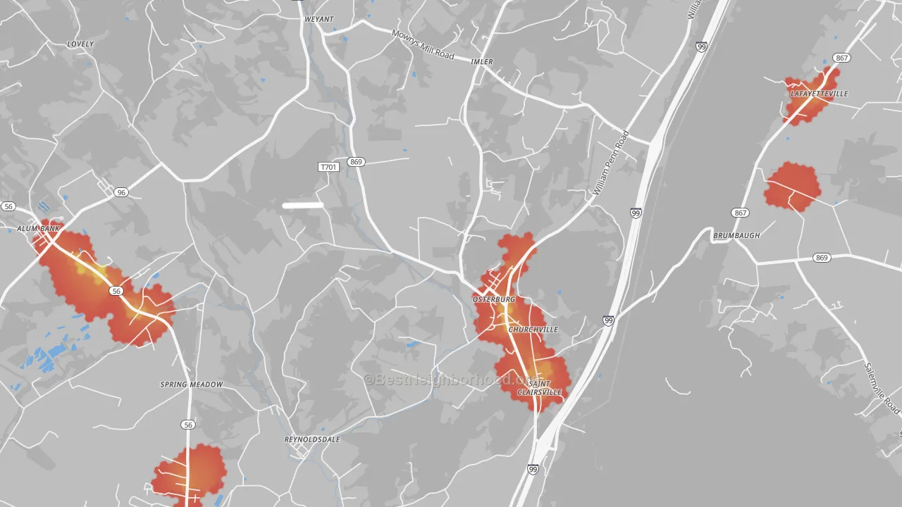 Walk Grade map of 16667, PA, walkable areas in green and car-dependent areas in red
