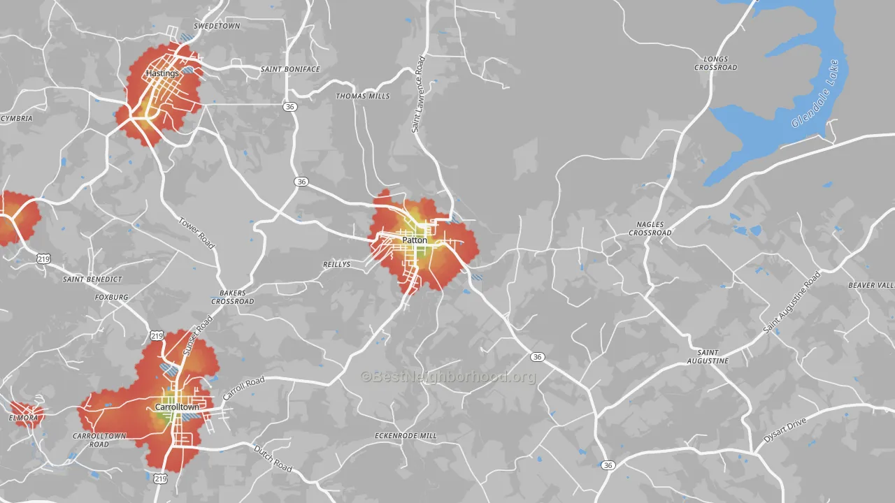 Walk Grade map of 16668, PA, walkable areas in green and car-dependent areas in red