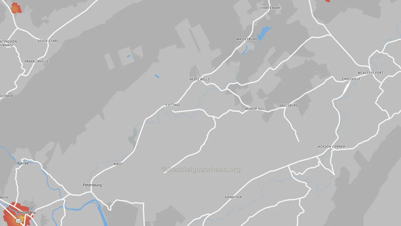 Walk Grade map of 16669, PA, walkable areas in green and car-dependent areas in red