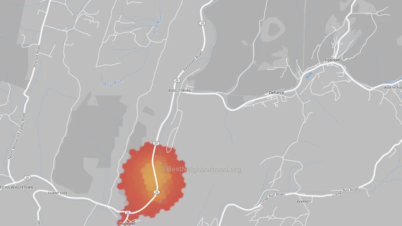 Walk Grade map of 16672, PA, walkable areas in green and car-dependent areas in red