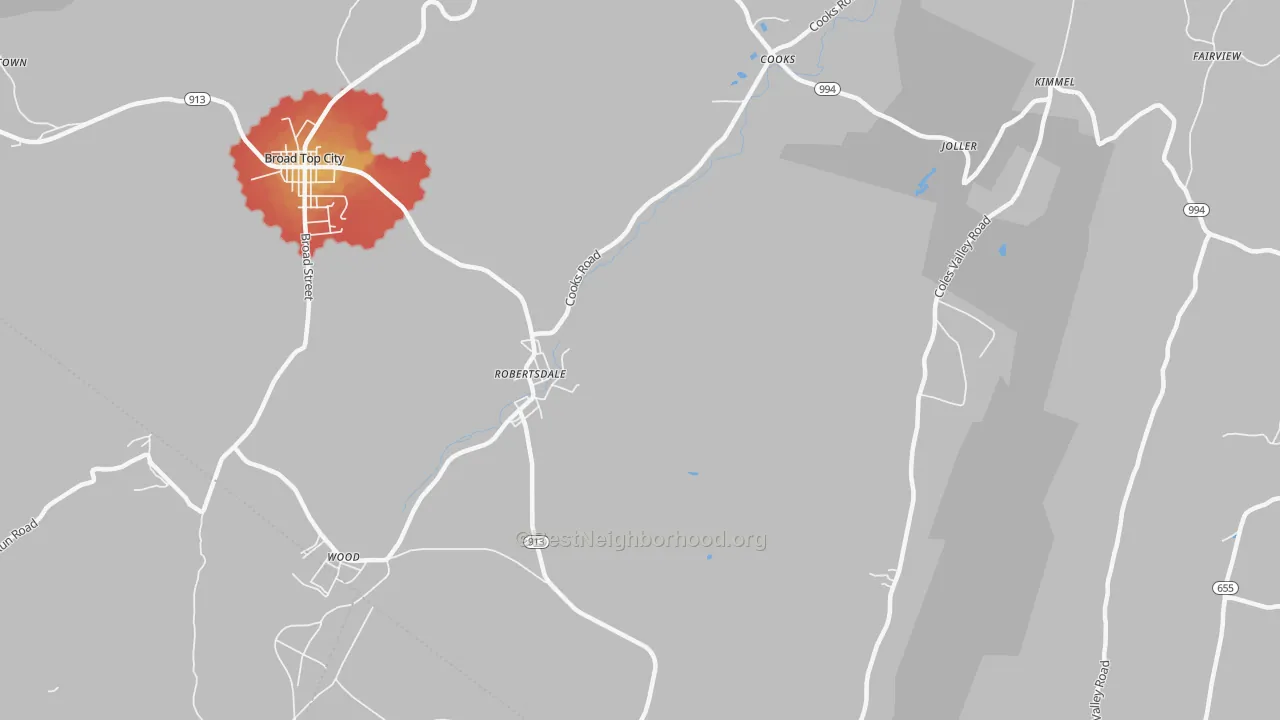 Walk Grade map of 16674, PA, walkable areas in green and car-dependent areas in red