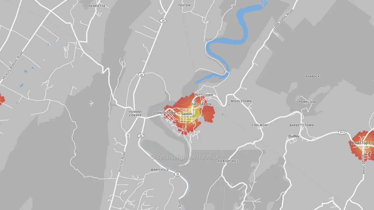 Walk Grade map of 16678, PA, walkable areas in green and car-dependent areas in red