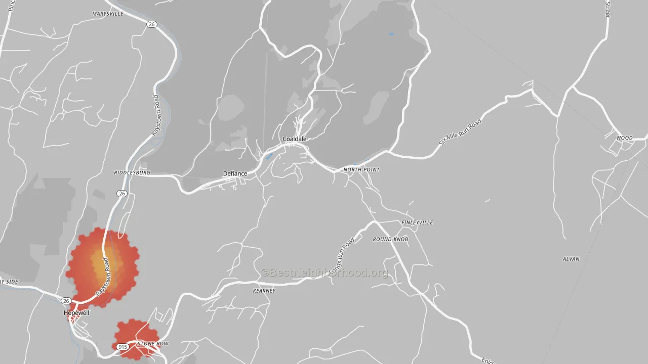 Walk Grade map of 16679, PA, walkable areas in green and car-dependent areas in red