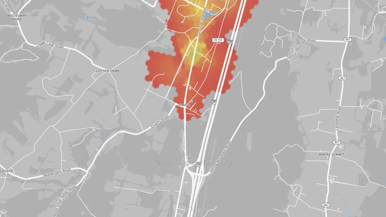 Walk Grade map of 16682, PA, walkable areas in green and car-dependent areas in red