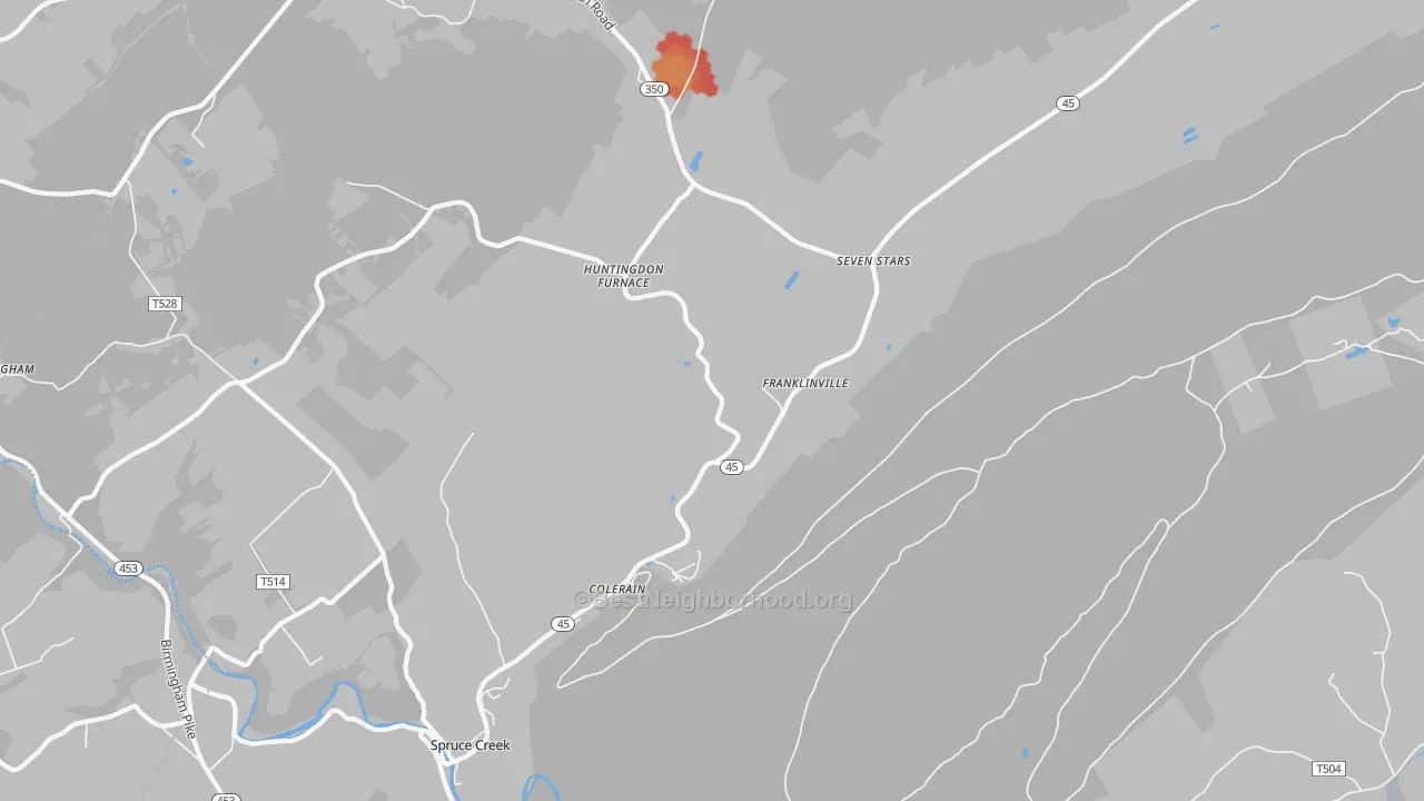 Walk Grade map of 16683, PA, walkable areas in green and car-dependent areas in red