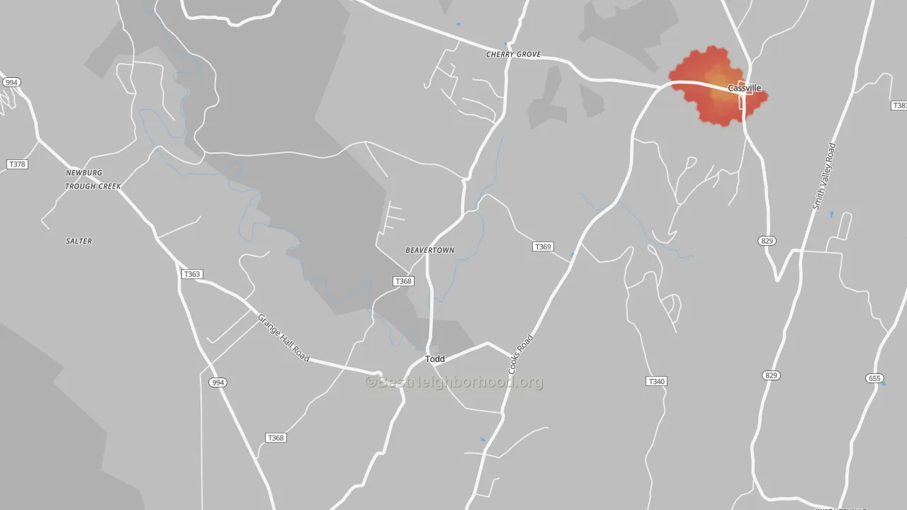 Walk Grade map of 16685, PA, walkable areas in green and car-dependent areas in red