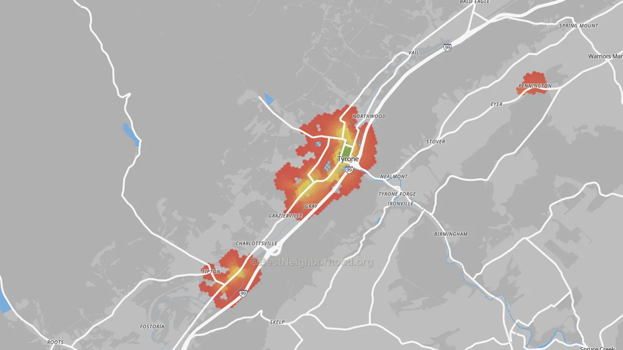 Walk Grade map of 16686, PA, walkable areas in green and car-dependent areas in red