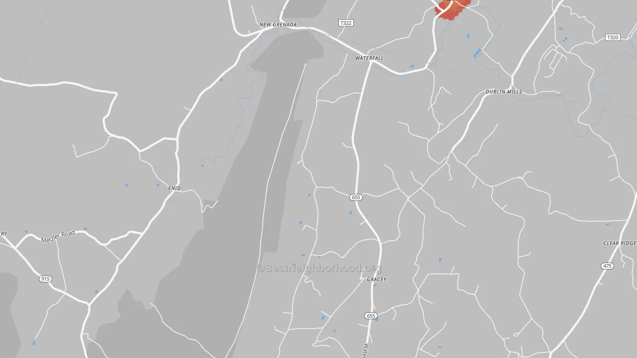 Walk Grade map of 16689, PA, walkable areas in green and car-dependent areas in red