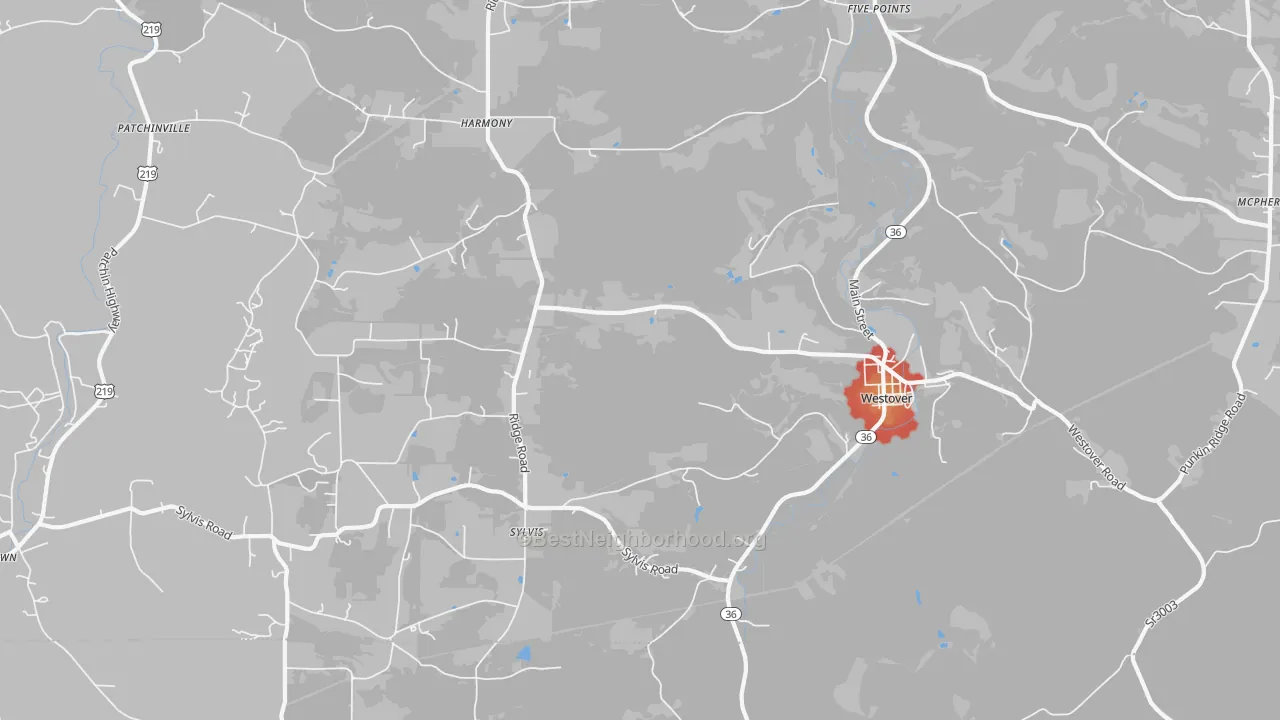 Walk Grade map of 16692, PA, walkable areas in green and car-dependent areas in red