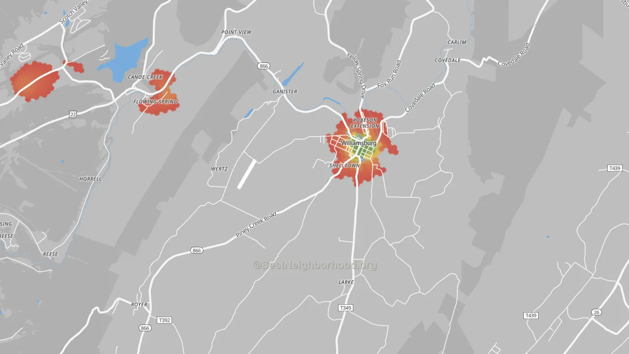 Walk Grade map of 16693, PA, walkable areas in green and car-dependent areas in red