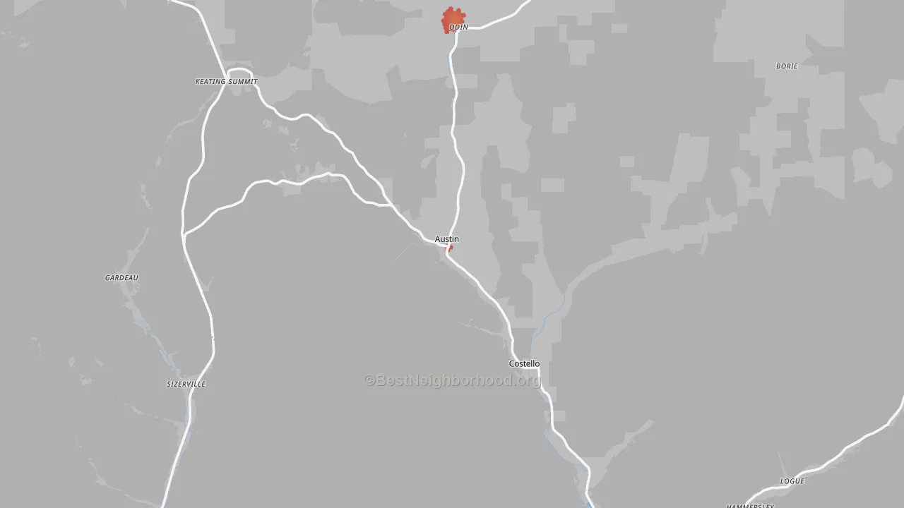 Walk Grade map of 16720, PA, walkable areas in green and car-dependent areas in red