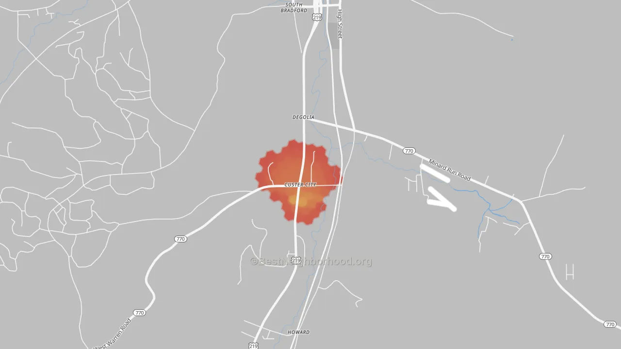 Walk Grade map of 16725, PA, walkable areas in green and car-dependent areas in red