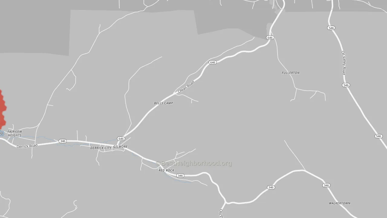 Walk Grade map of 16727, PA, walkable areas in green and car-dependent areas in red