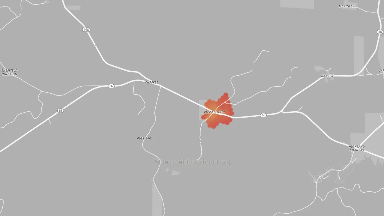 Walk Grade map of 16728, PA, walkable areas in green and car-dependent areas in red