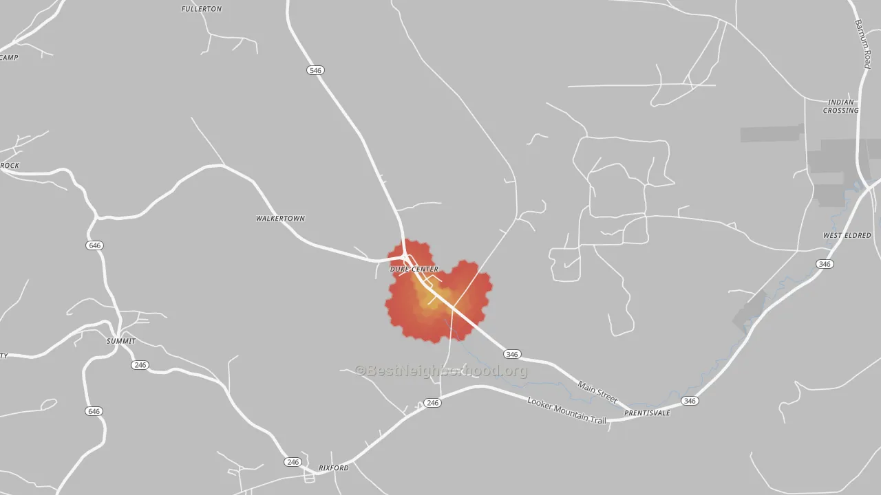 Walk Grade map of 16729, PA, walkable areas in green and car-dependent areas in red