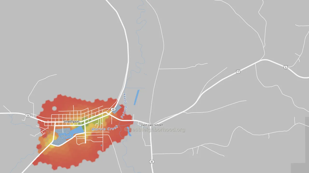 Walk Grade map of 16730, PA, walkable areas in green and car-dependent areas in red
