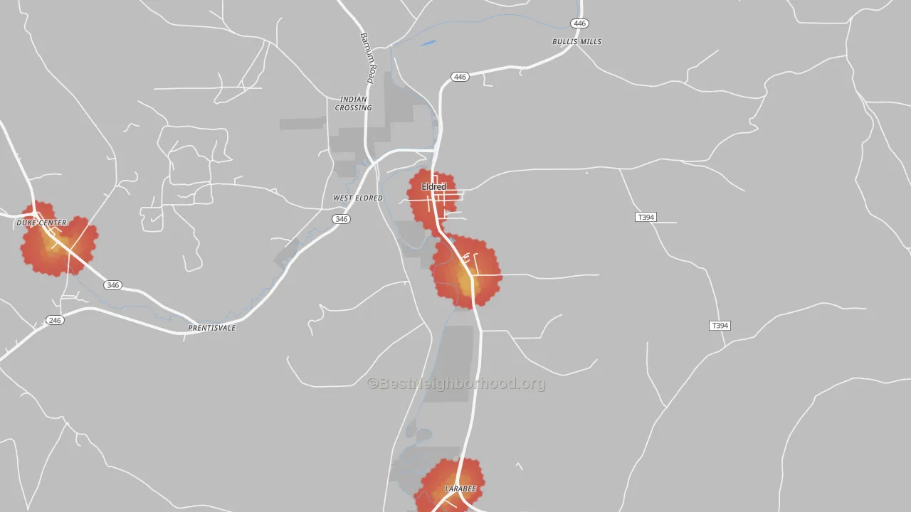 Walk Grade map of 16731, PA, walkable areas in green and car-dependent areas in red