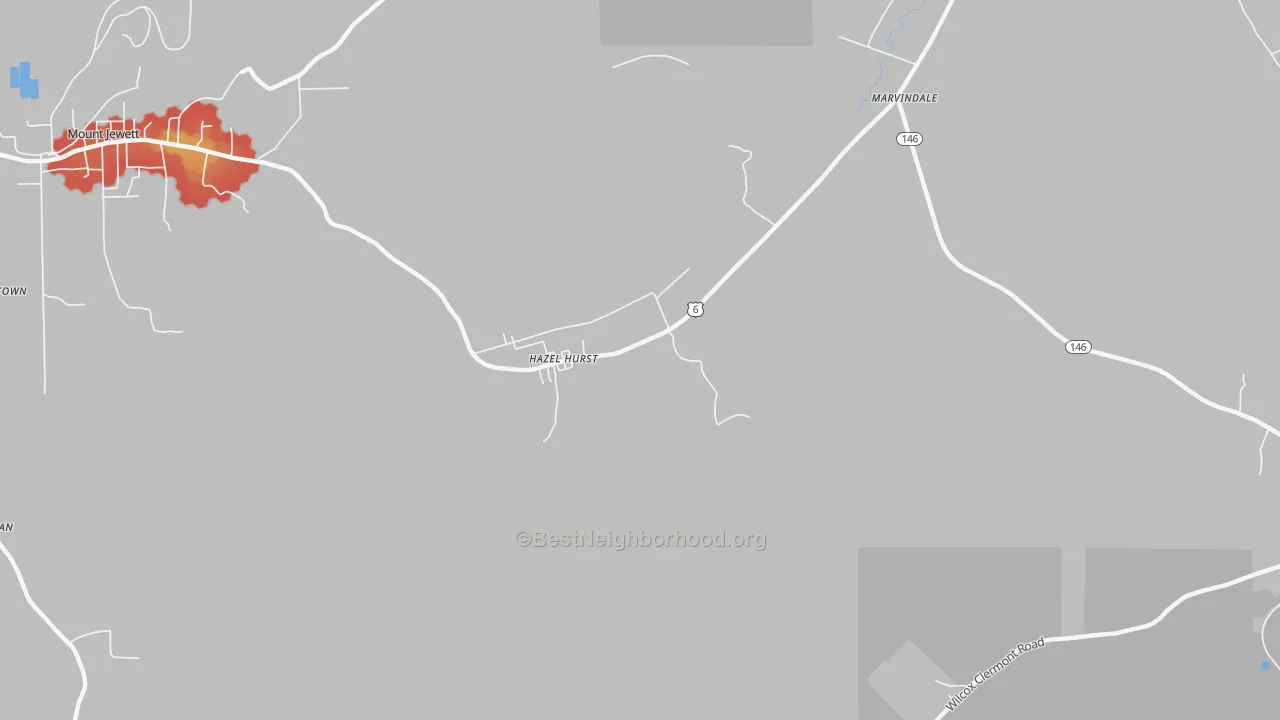 Walk Grade map of 16733, PA, walkable areas in green and car-dependent areas in red