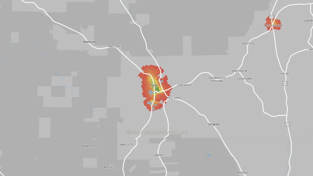 Walk Grade map of 16735, PA, walkable areas in green and car-dependent areas in red