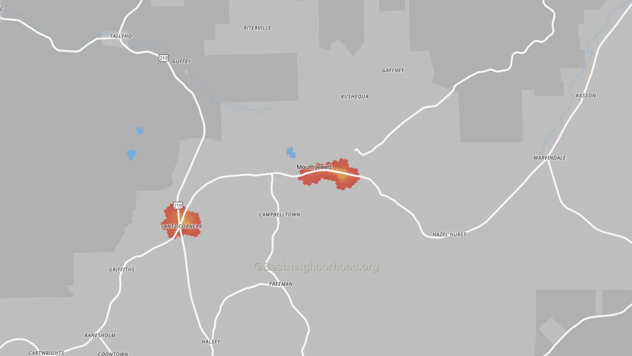 Walk Grade map of 16740, PA, walkable areas in green and car-dependent areas in red