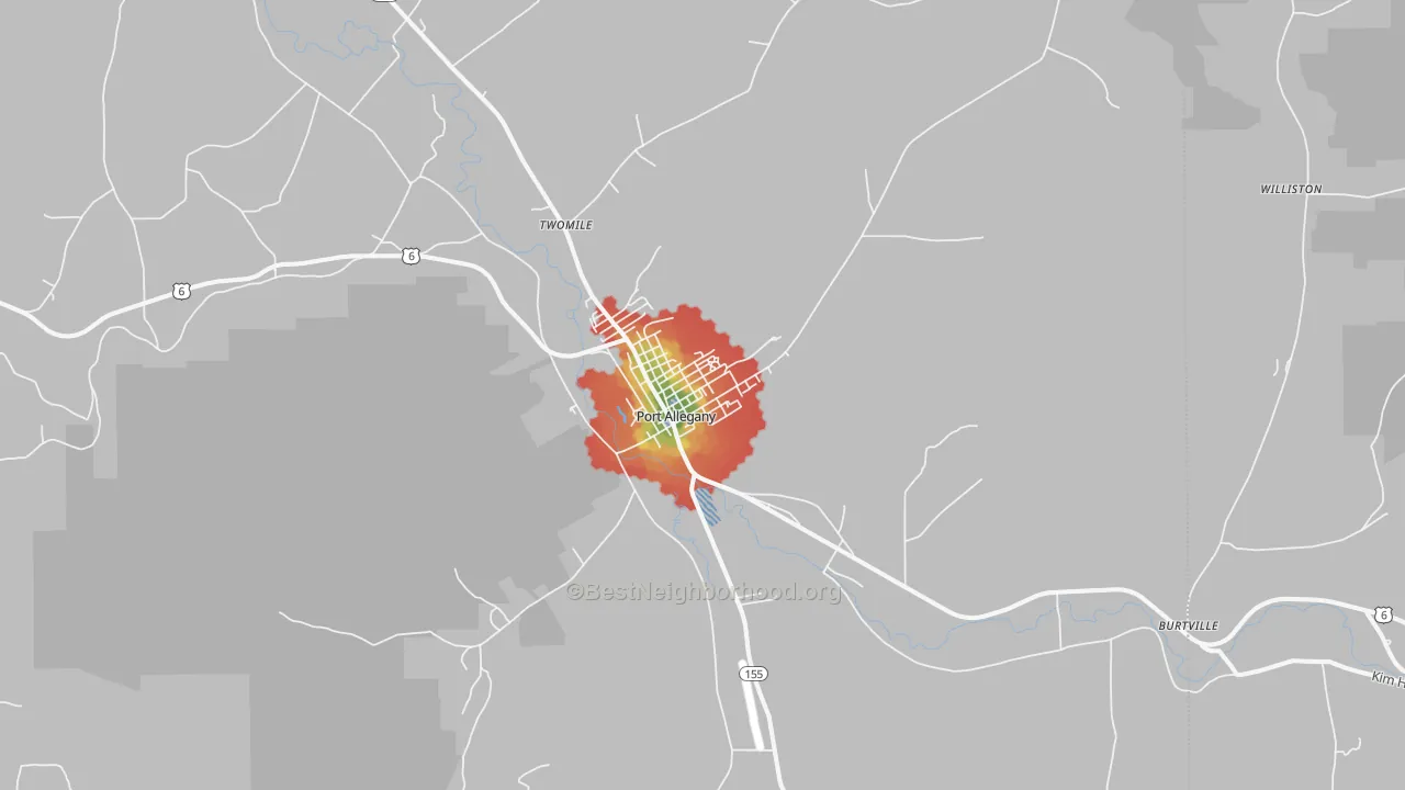 Walk Grade map of 16743, PA, walkable areas in green and car-dependent areas in red