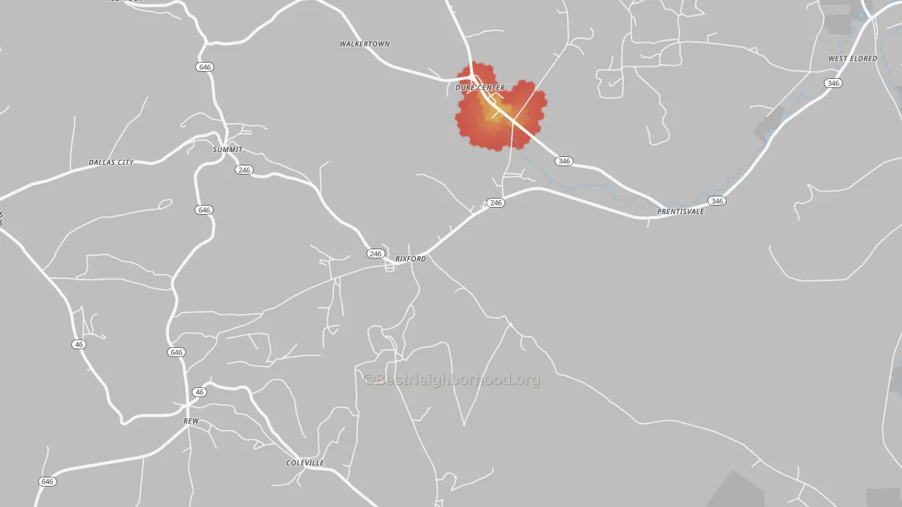 Walk Grade map of 16745, PA, walkable areas in green and car-dependent areas in red