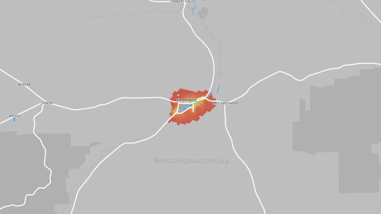 Walk Grade map of 16749, PA, walkable areas in green and car-dependent areas in red