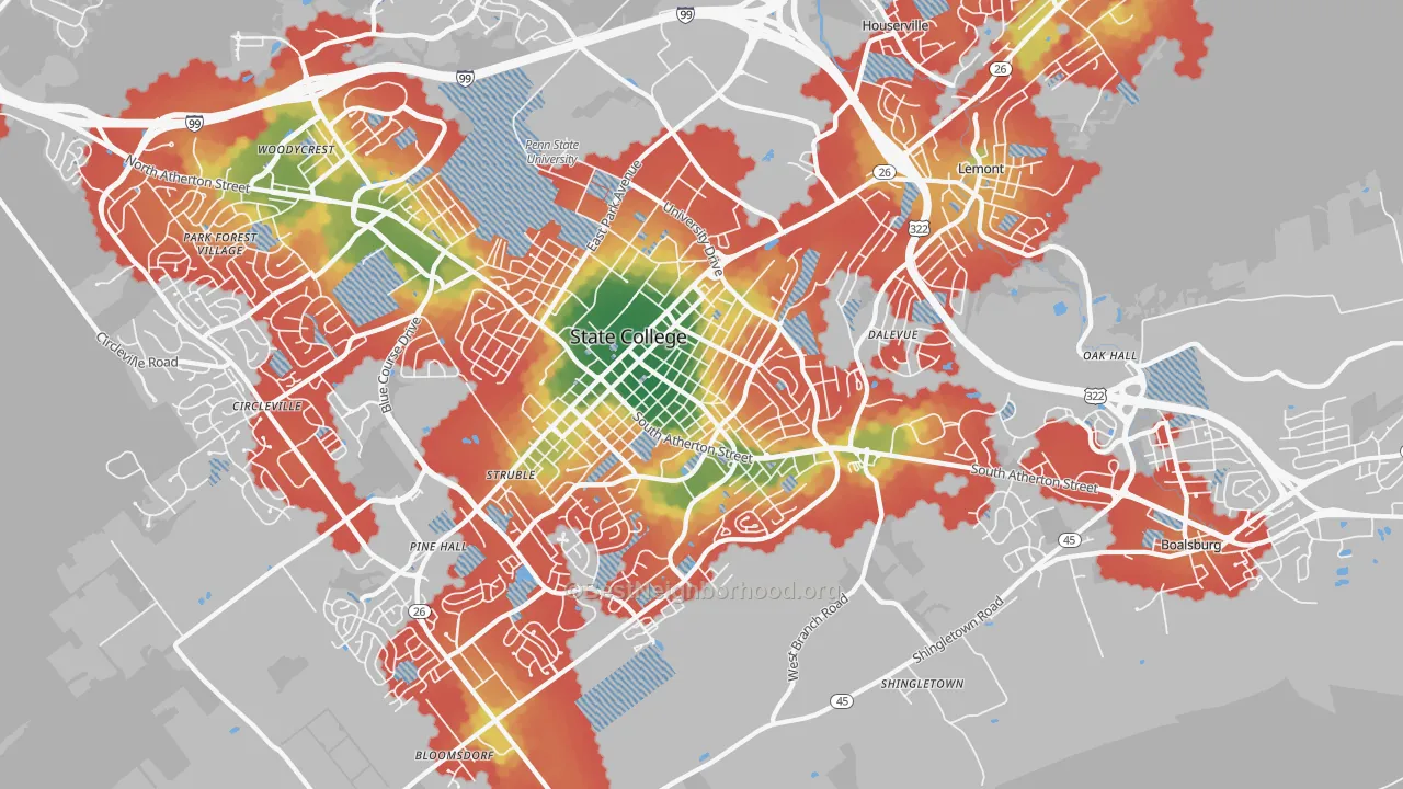 Walk Grade map of 16801, PA, walkable areas in green and car-dependent areas in red