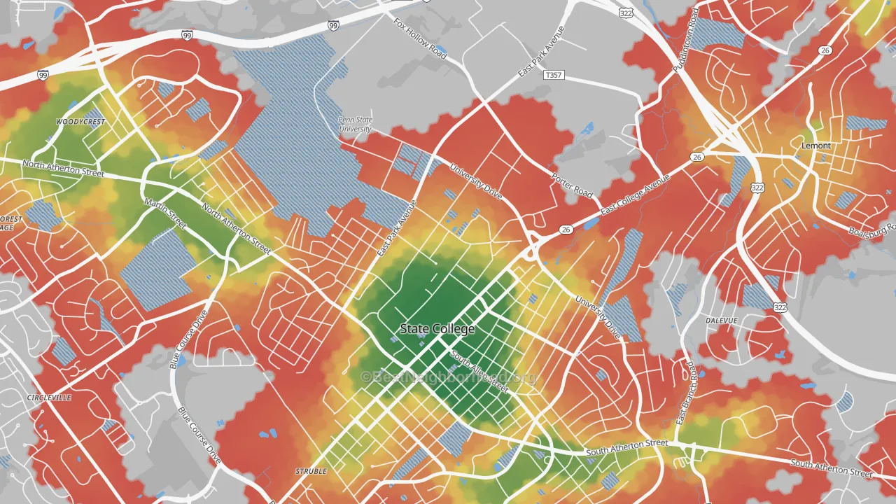 Walk Grade map of 16802, PA, walkable areas in green and car-dependent areas in red
