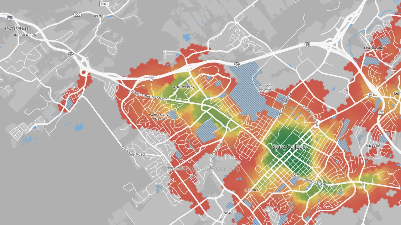 Walk Grade map of 16803, PA, walkable areas in green and car-dependent areas in red