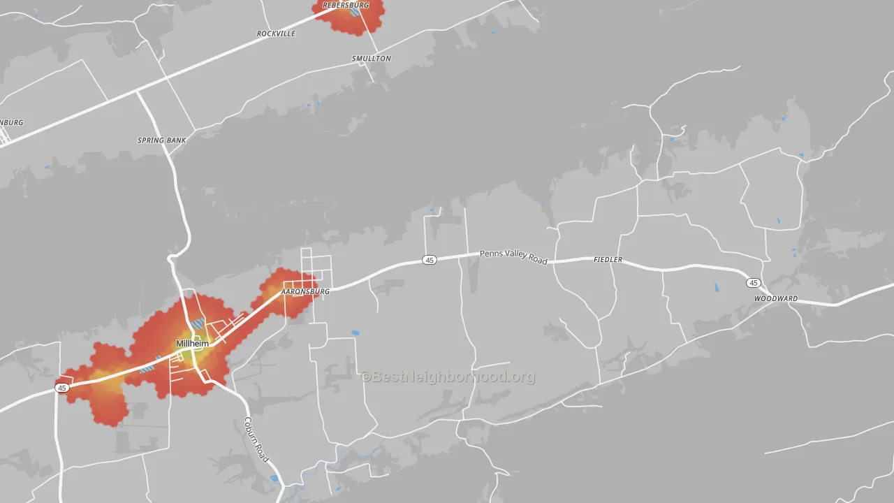 Walk Grade map of 16820, PA, walkable areas in green and car-dependent areas in red