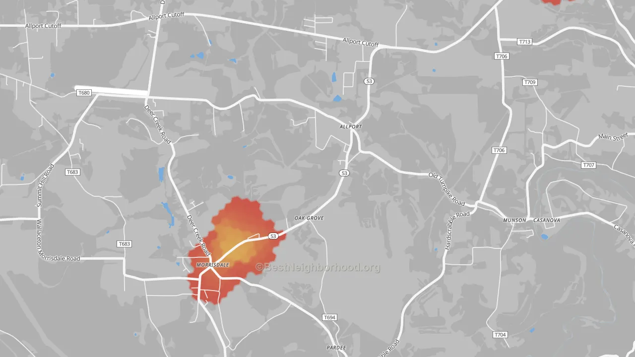 Walk Grade map of 16821, PA, walkable areas in green and car-dependent areas in red