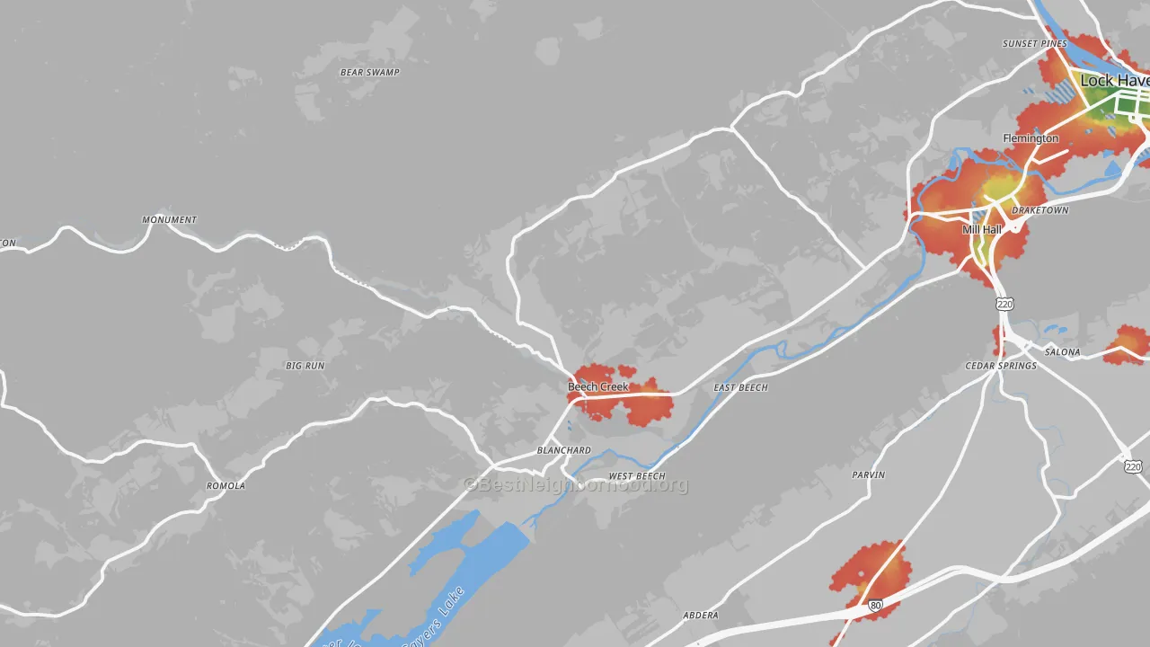 Walk Grade map of 16822, PA, walkable areas in green and car-dependent areas in red