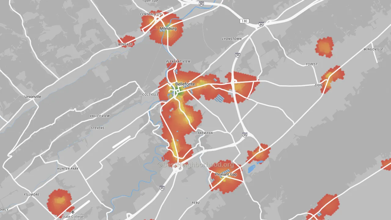 Walk Grade map of 16823, PA, walkable areas in green and car-dependent areas in red