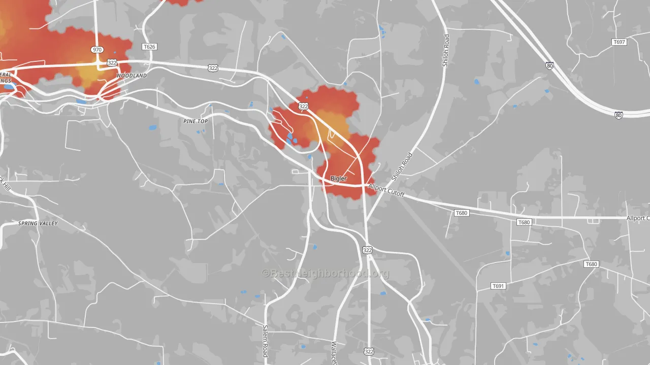 Walk Grade map of 16825, PA, walkable areas in green and car-dependent areas in red