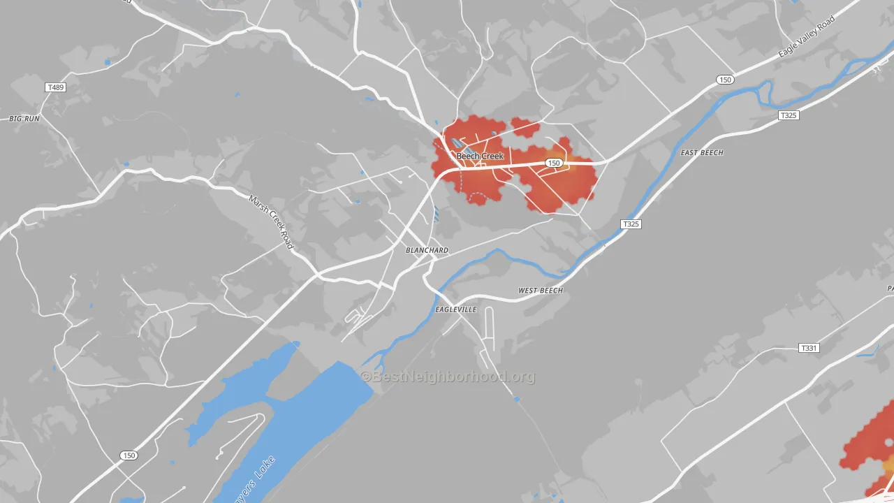 Walk Grade map of 16826, PA, walkable areas in green and car-dependent areas in red