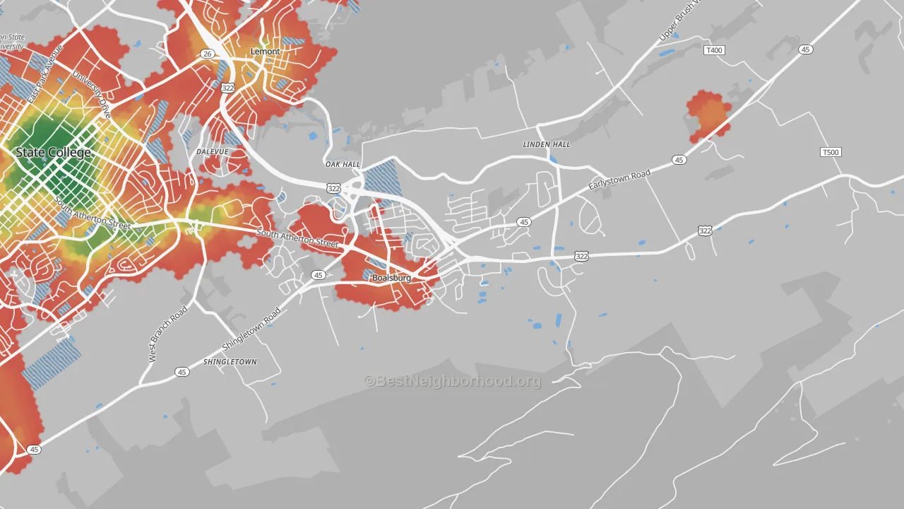 Walk Grade map of 16827, PA, walkable areas in green and car-dependent areas in red