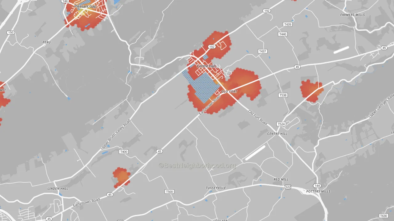 Walk Grade map of 16828, PA, walkable areas in green and car-dependent areas in red