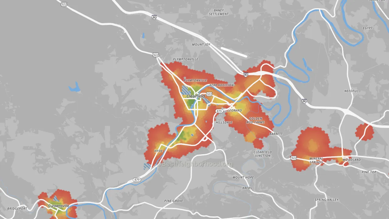 Walk Grade map of 16830, PA, walkable areas in green and car-dependent areas in red