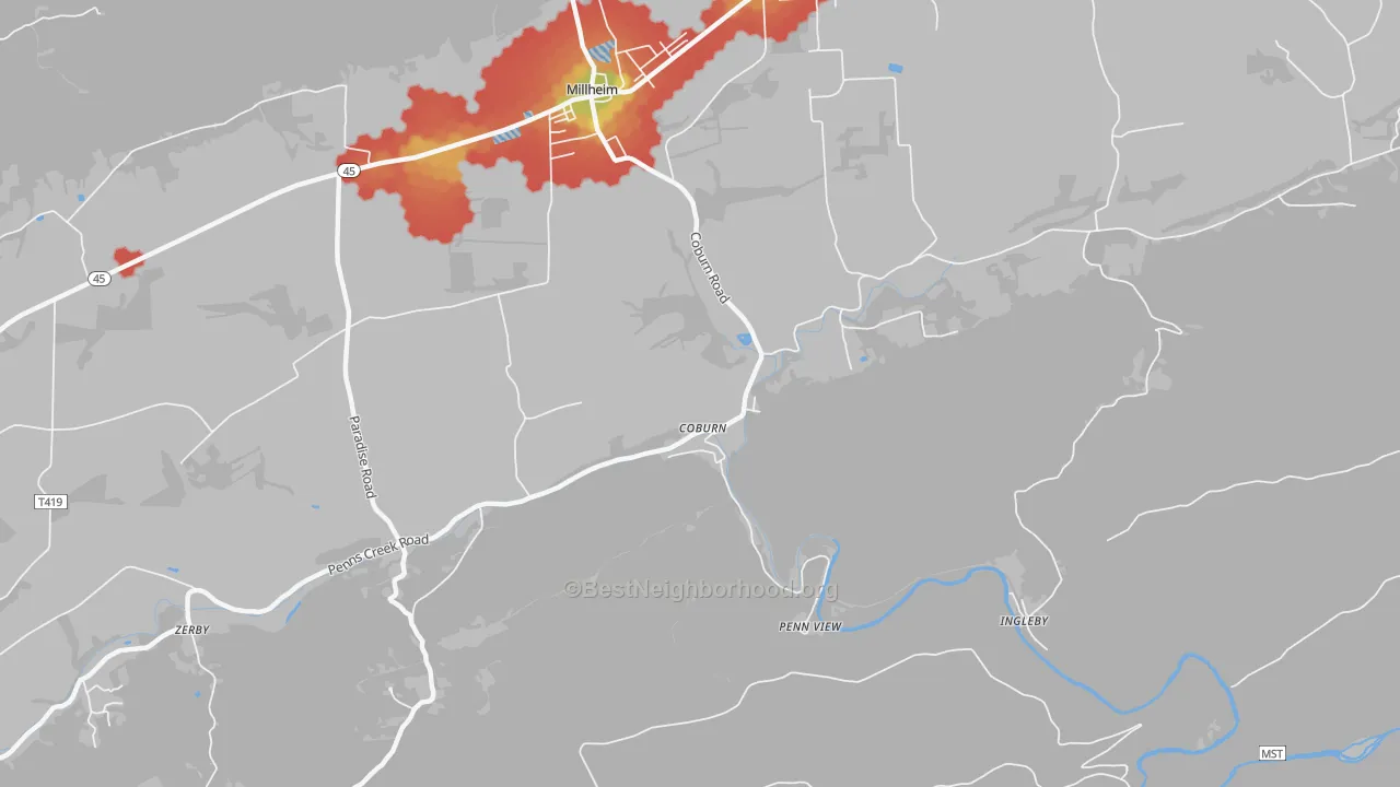 Walk Grade map of 16832, PA, walkable areas in green and car-dependent areas in red