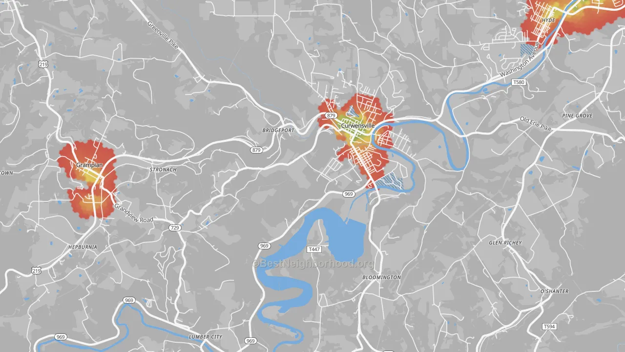 Walk Grade map of 16833, PA, walkable areas in green and car-dependent areas in red