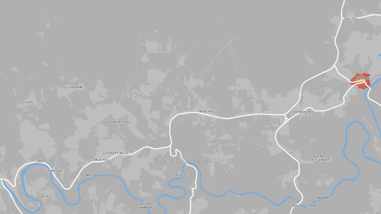 Walk Grade map of 16836, PA, walkable areas in green and car-dependent areas in red