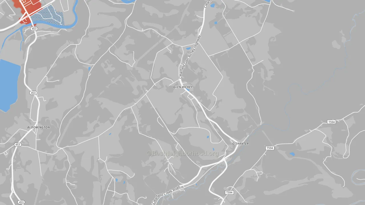 Walk Grade map of 16837, PA, walkable areas in green and car-dependent areas in red