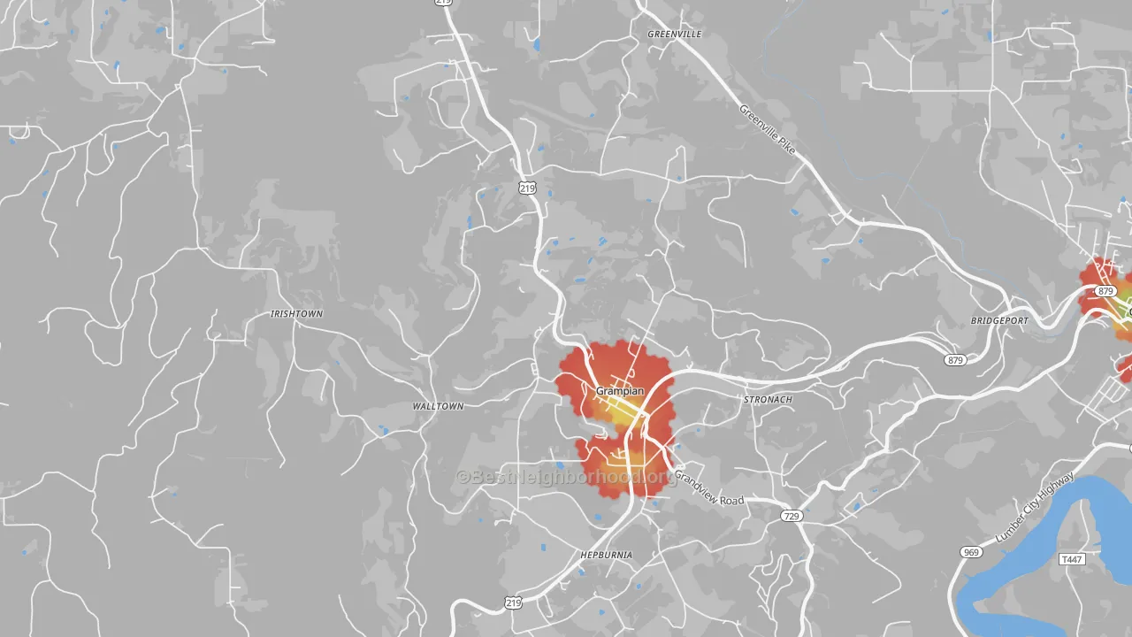 Walk Grade map of 16838, PA, walkable areas in green and car-dependent areas in red