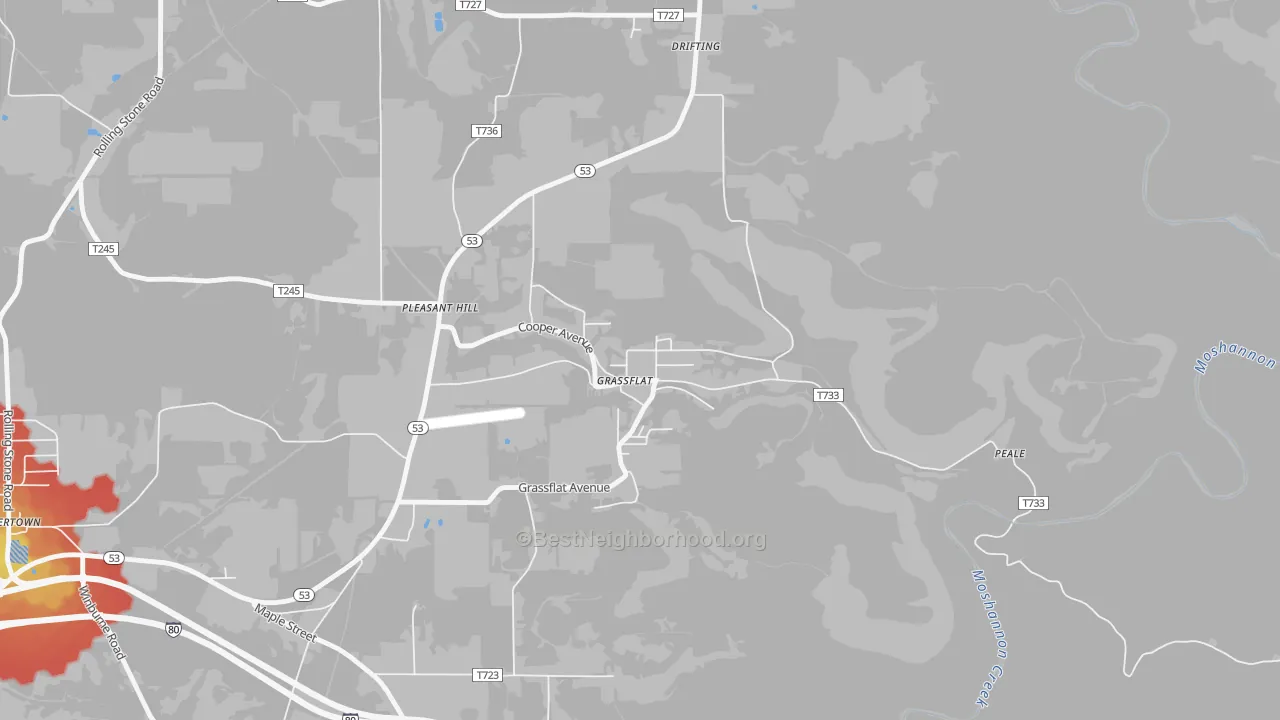Walk Grade map of 16839, PA, walkable areas in green and car-dependent areas in red