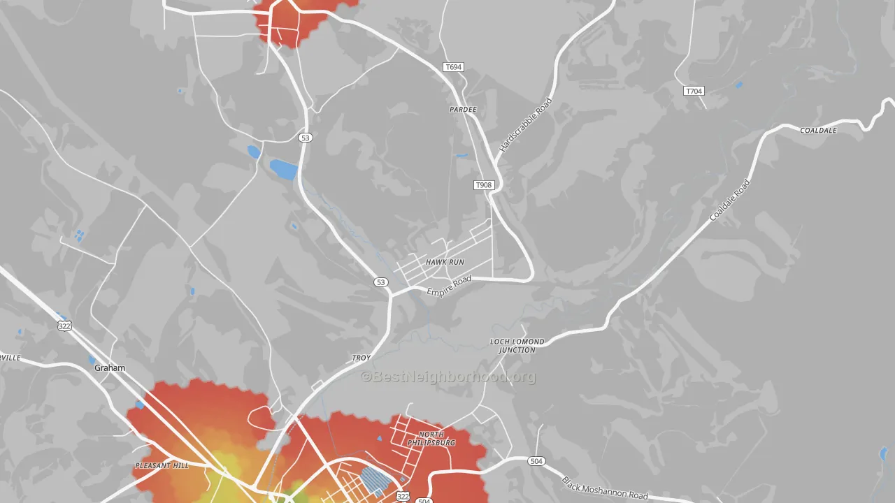 Walk Grade map of 16840, PA, walkable areas in green and car-dependent areas in red