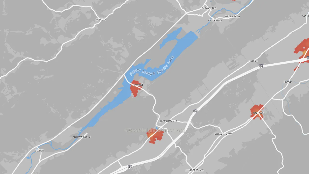 Walk Grade map of 16841, PA, walkable areas in green and car-dependent areas in red