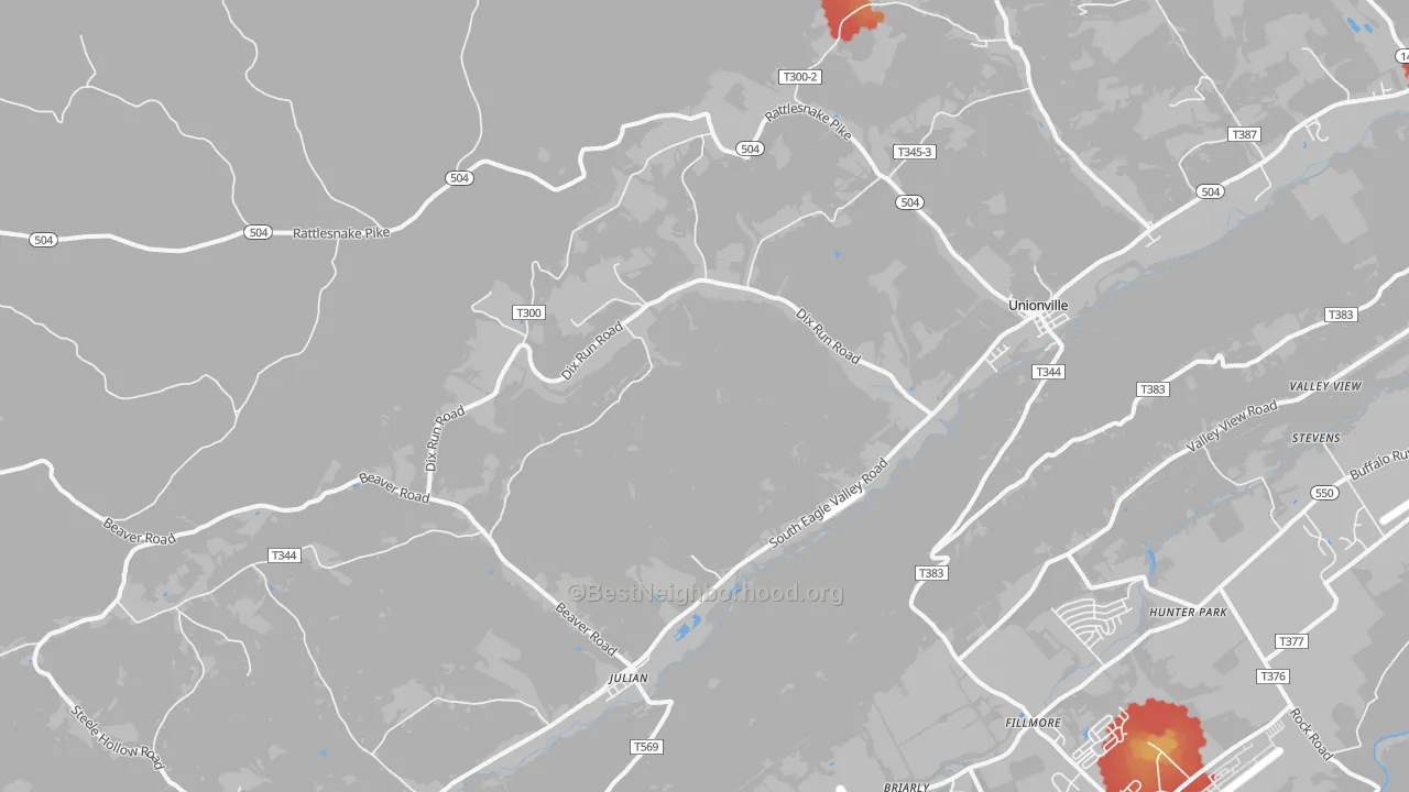 Walk Grade map of 16844, PA, walkable areas in green and car-dependent areas in red