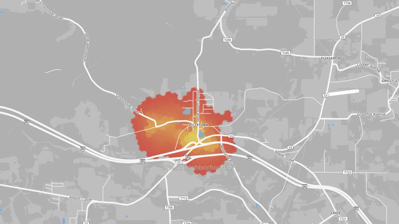 Walk Grade map of 16847, PA, walkable areas in green and car-dependent areas in red